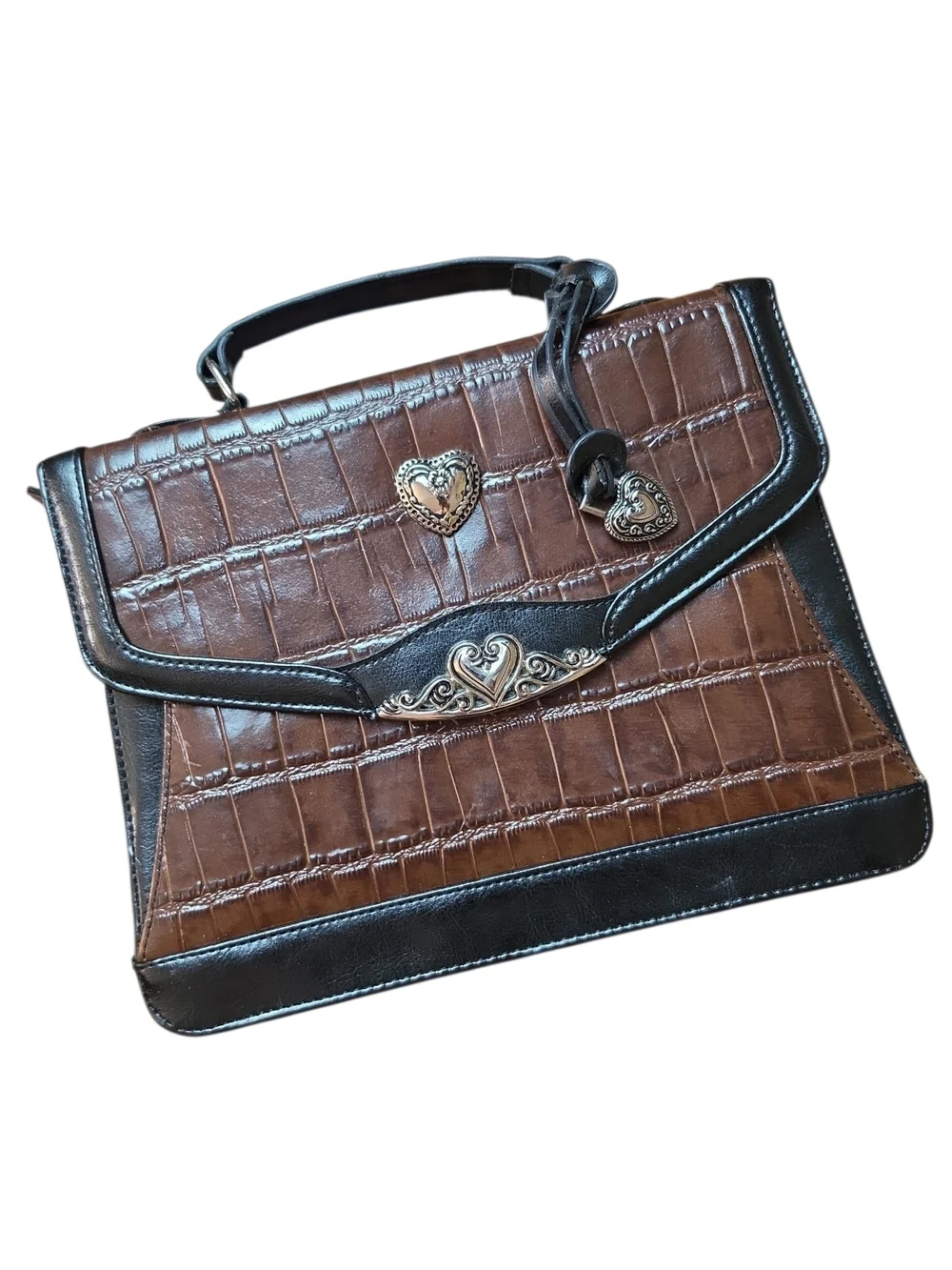 BRIGHTON | Vintage Brown & Black Croc Embossed‎ Western Inspired Leather Satchel